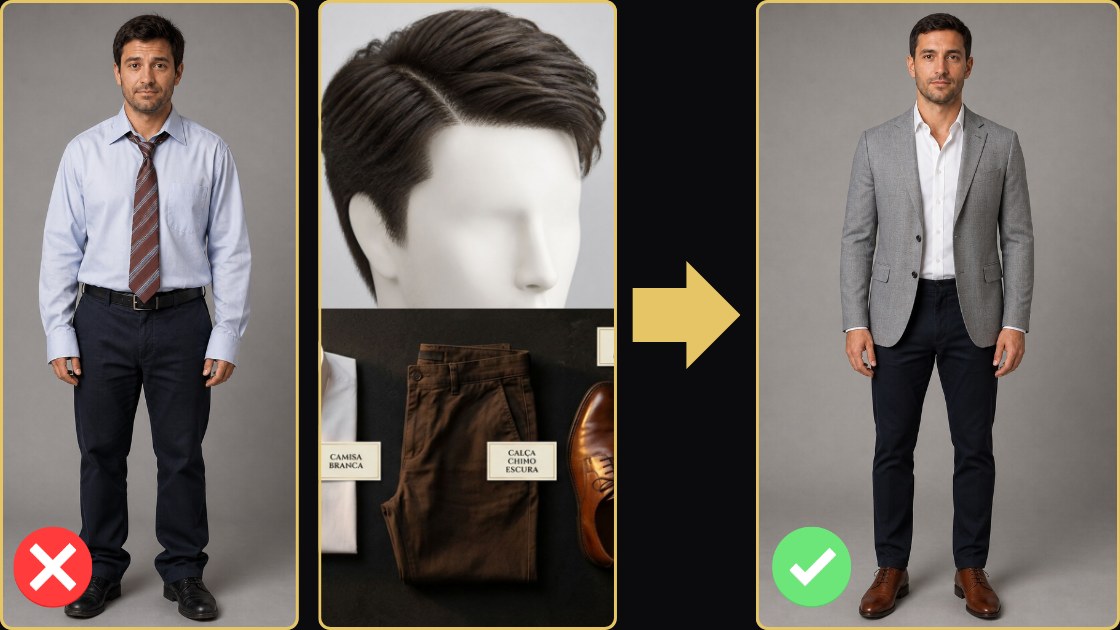 Comparação de visual masculino: antes desalinhado, depois com critério