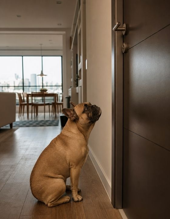 Cachorro com ansiedade de separação olhando a porta do apartamento